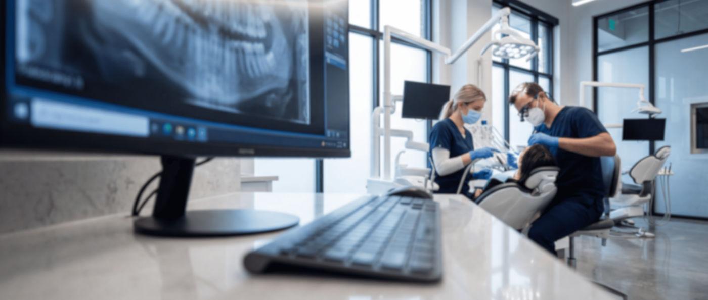 Cabinet dentaire moderne avec dentistes travaillant sur un patient