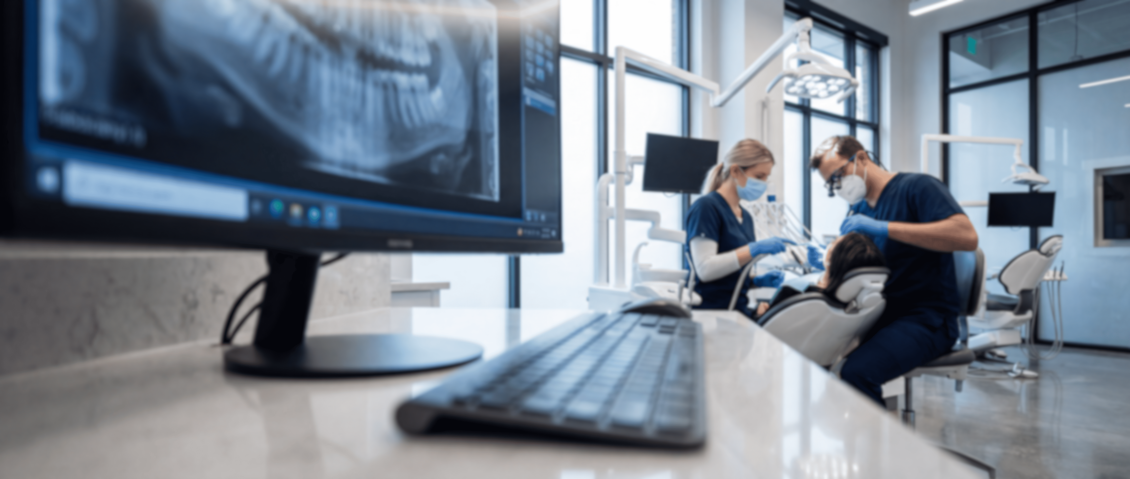 Cabinet dentaire moderne avec dentistes travaillant sur un patient